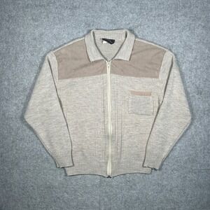 Vintage Sears Full Zip Sweater Mens 40 Beige Knit Cardigan Suede Patch Canada